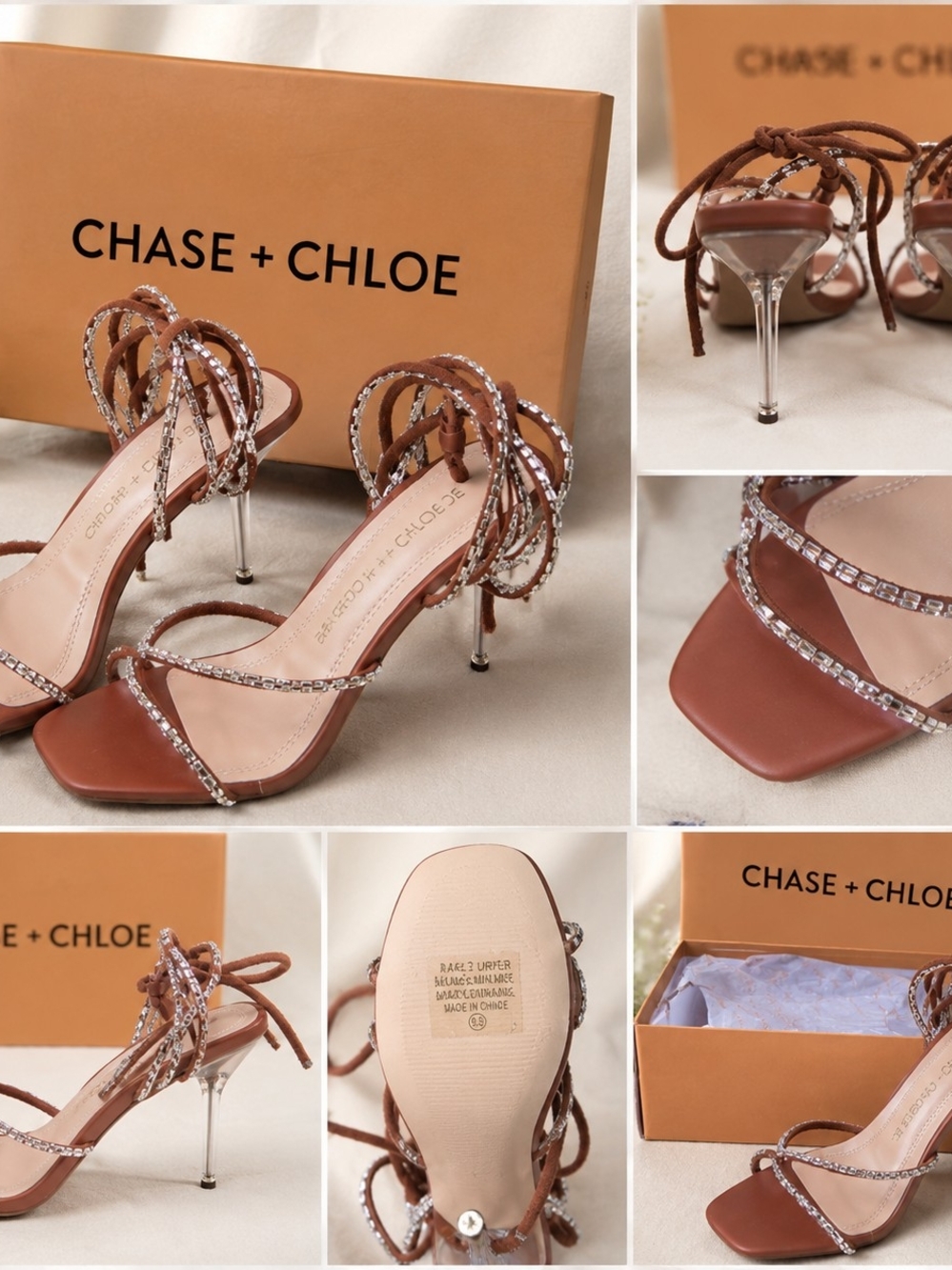 Chase + Chloe Brown Crystal-Strap Stiletto Sandals